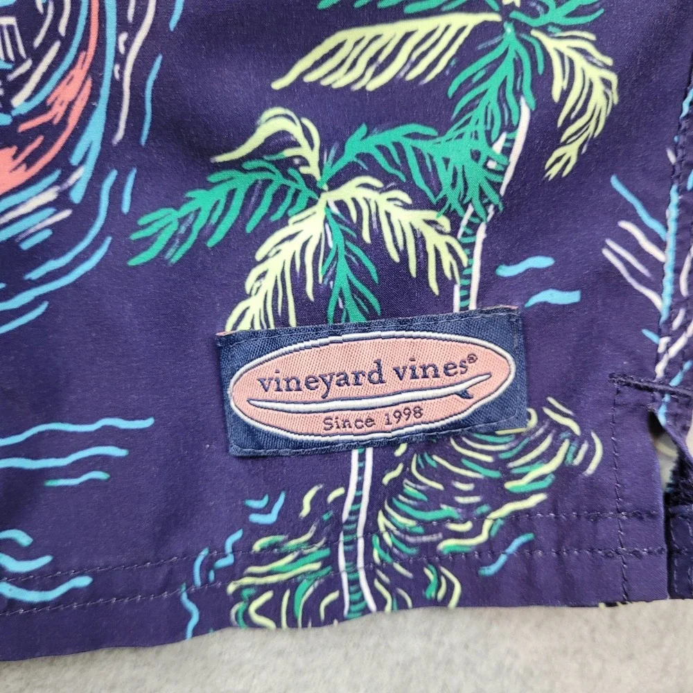 Vineyard Vines Swim Trunks Mens Medium Blue Palm Tree Boat Print Board Shorts